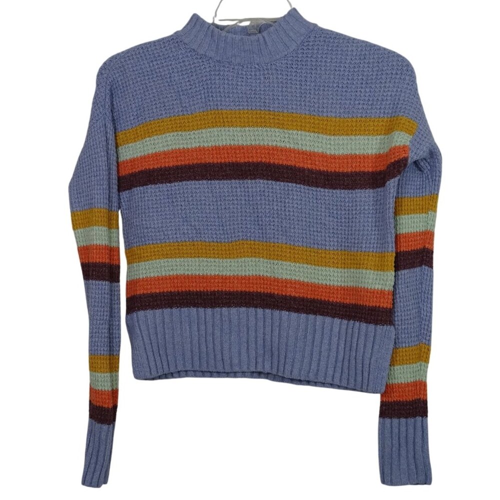 SO Striped Blue Mockneck Textured Waffle Knit Sweater Women Size XS Long Sleeve